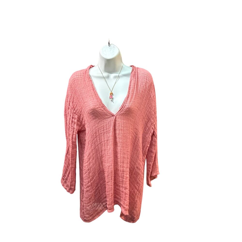 Suzy D London Italian Linen Cotton Tunic Top Small Coral Pink Boho Coastal